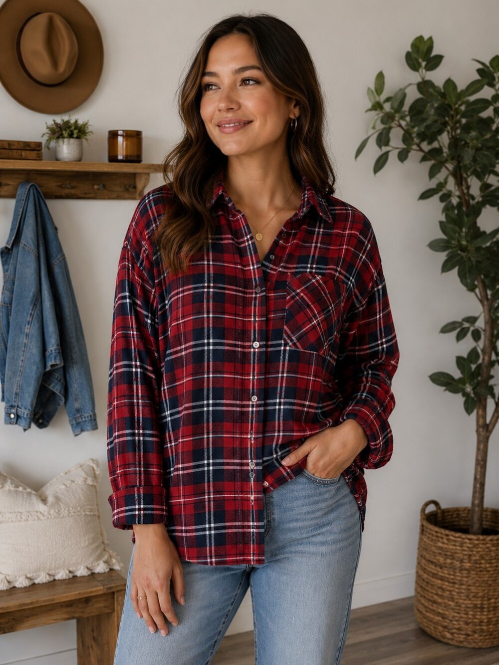 La Miel Red Navy Oversized Plaid Button Up Shirt size S